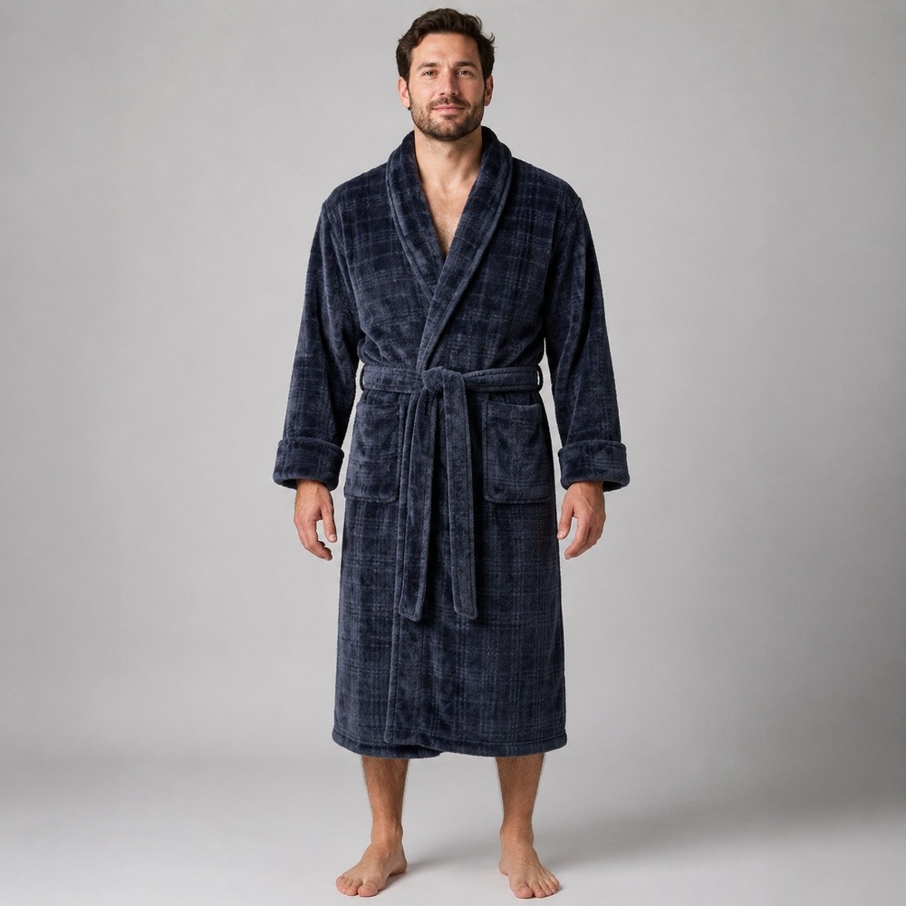 Daniel Buchler Men's M/L Navy Plush Plaid Bathrobe Shawl Collar Belted